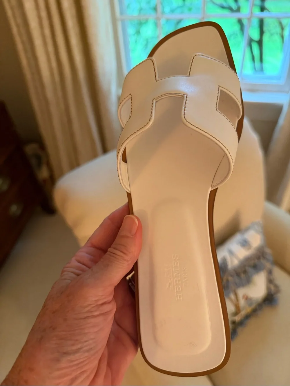 Hermes White Leather Oran Slide Sandals with Brown Trim